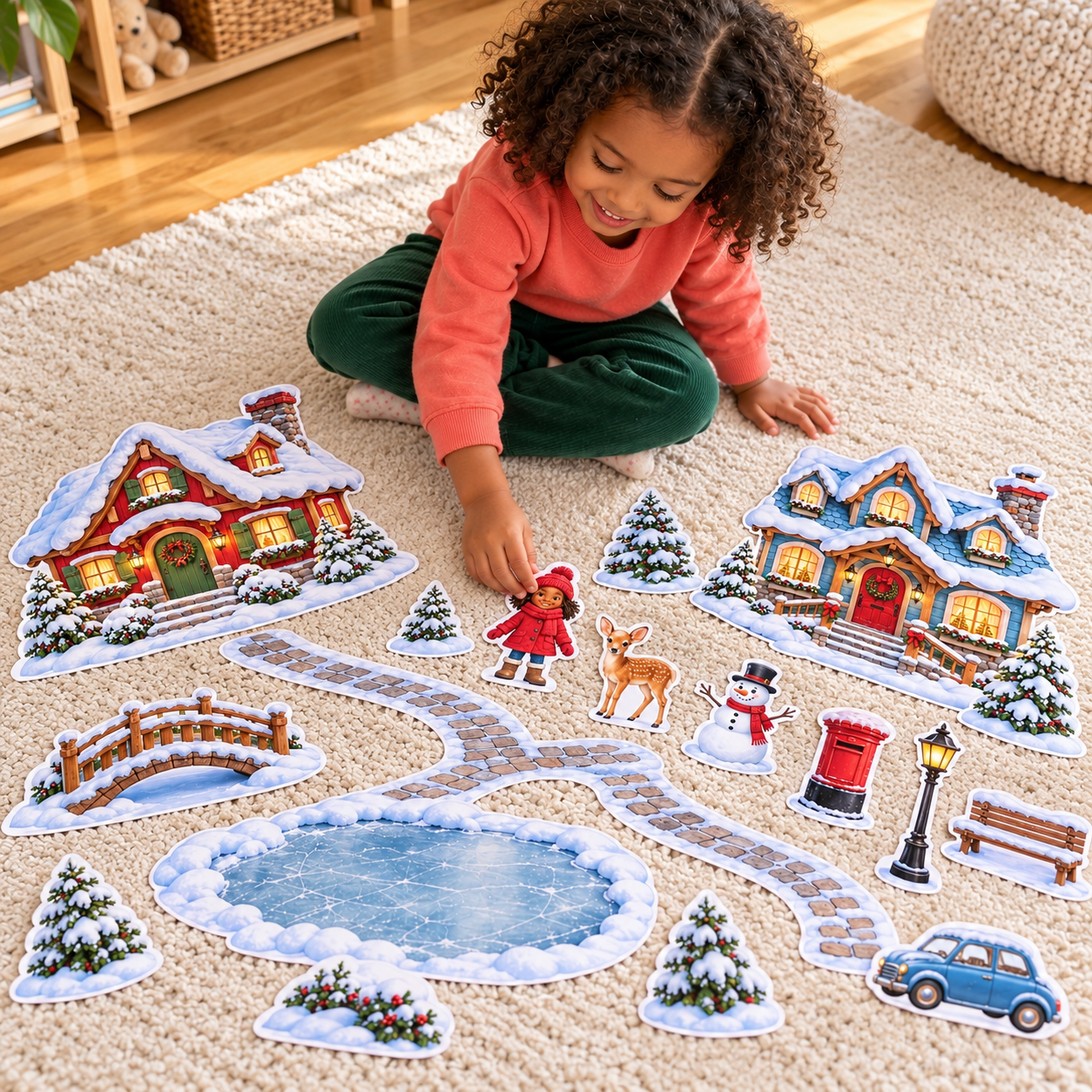 Preschool child using large Winter Wonderland Village printed pieces