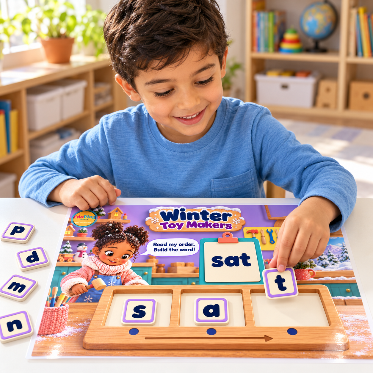 Child building a CVC word with laminated Winter Toy Makers activity pieces