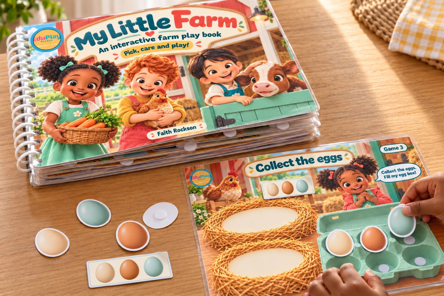 A child collecting laminated eggs on the My Little Farm activity, with a prepared book beside it